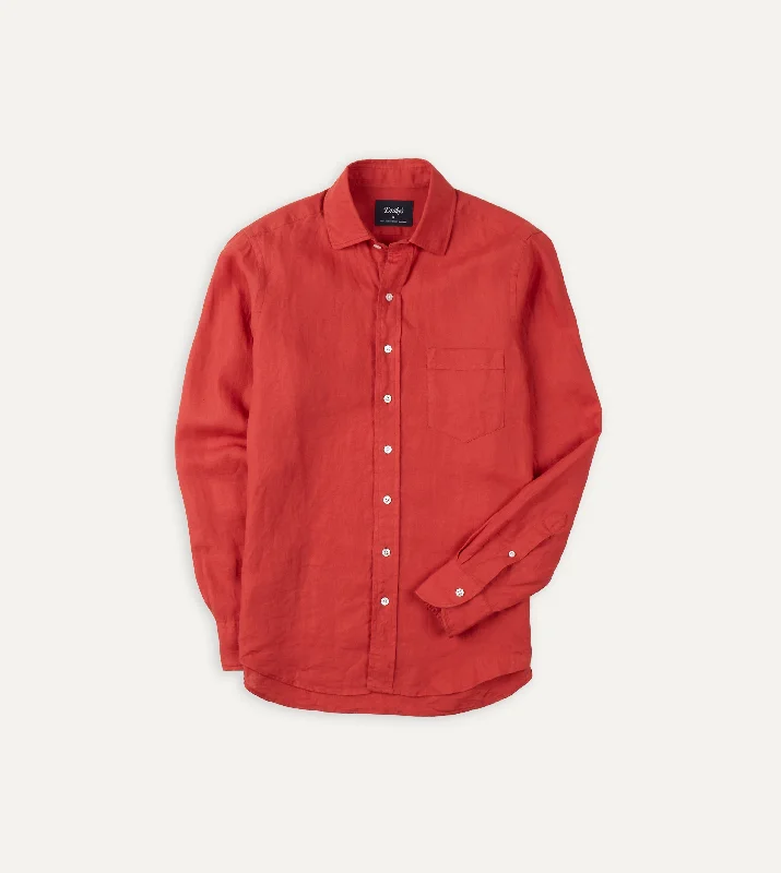 Red Linen Spread Collar Shirt